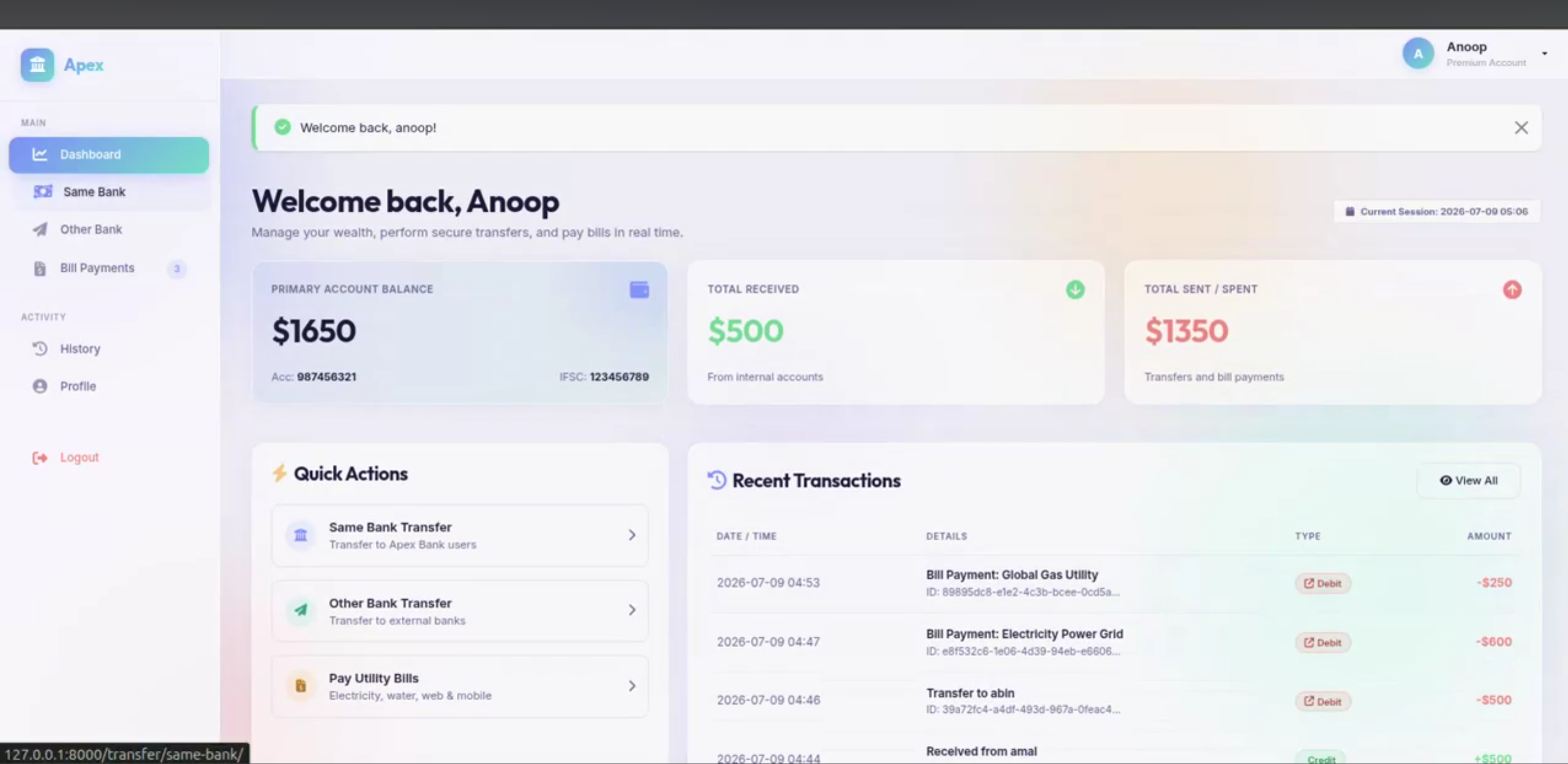 Screenshot 4 of Secure Banking Management System with Fund Transfer and Bill Payment