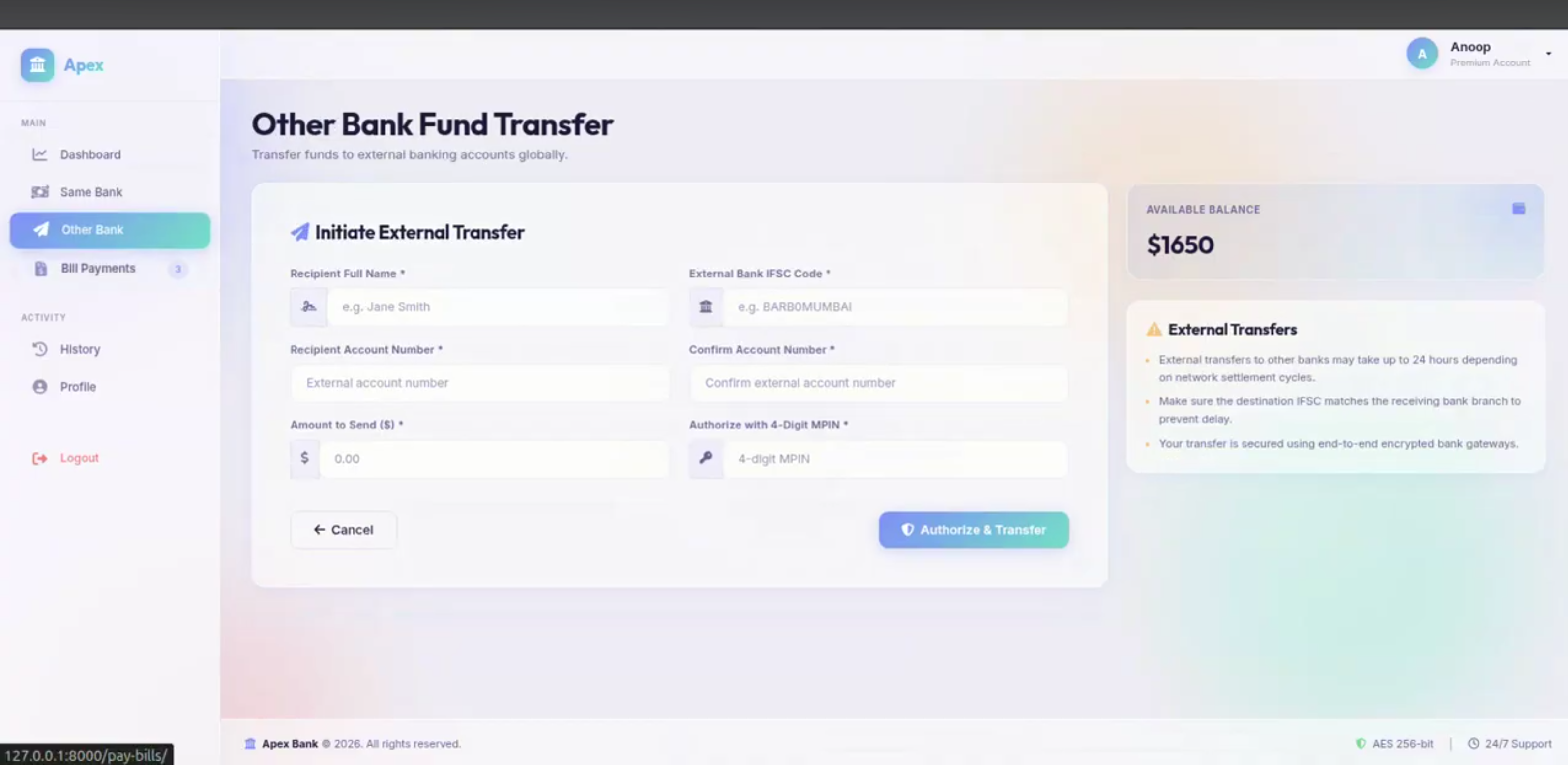 Screenshot 3 of Secure Banking Management System with Fund Transfer and Bill Payment