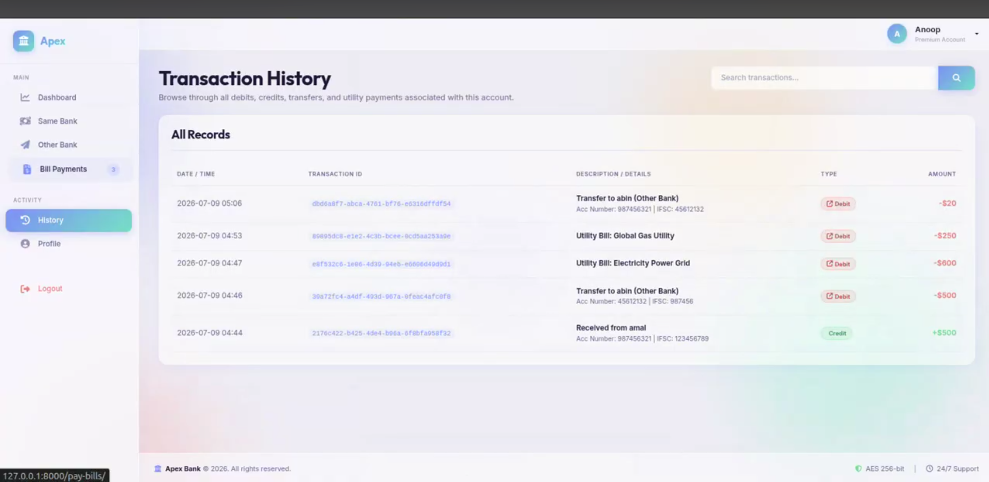Screenshot 1 of Secure Banking Management System with Fund Transfer and Bill Payment